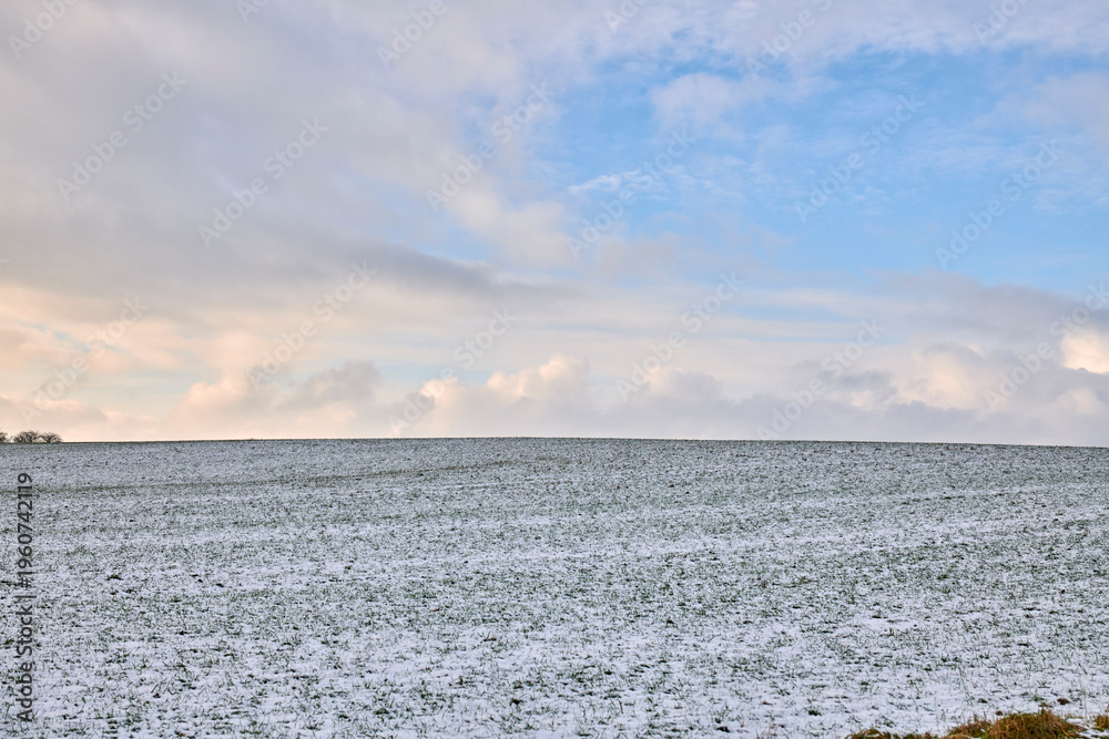 Fototapeta premium Landscape, farm and clouds with snow in nature for agriculture, dormant crops and winter season. Space, field and climate change with frost for soil moisture, farming erosion and planting disruption