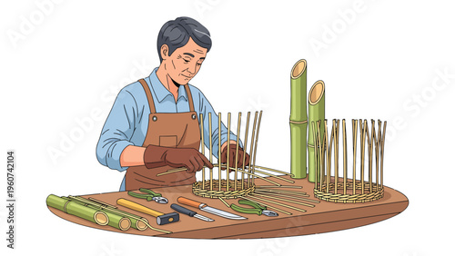 Artisan Crafting Bamboo Craft: Capturing the dedication and artistry of a craftsman as he meticulously weaves and shapes bamboo, creating a sustainable and natural product with skillful hands.