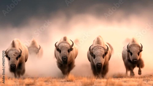 Majestic Bison Herd Thundering Across Dusty Plains at Sunset.