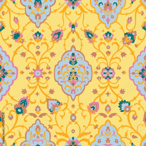 Pastel Blue Yellow Floral Medallion Design