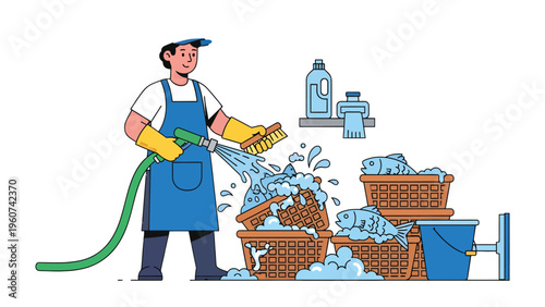 Hygiene Work: A dedicated worker meticulously cleans freshly caught fish, ensuring cleanliness with soap and a water hose, alongside cleaning tools. 