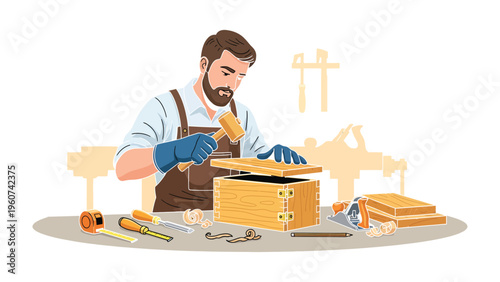 Artisan's Craftsmanship: A skilled artisan, carefully assembling a wooden box in a well-lit workshop, demonstrating the timeless artistry of woodworking with traditional tools and techniques.