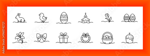 Easter holiday set icon. Rabbit animal, chick bird, decorated egg, church building, flower plant, egg pair, lily flower, ribbon bow, gift box, wreath ring, basket eggs, icing cake.