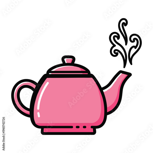 A brightly colored pink teapot with a black outline and lid, emitting stylized steam from its spout