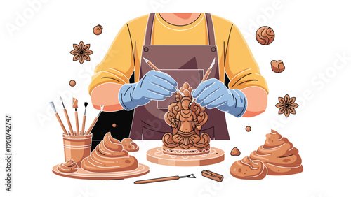 Crafting the Divine: An artisan meticulously sculpts a clay deity, bringing it to life with skillful hands and tools. Showcasing the timeless art of creation, faith, and dedication.