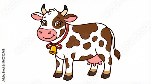 Cute Spotted Cow with Golden Bell Cartoon Illustration