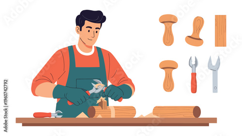 Craftsman at Work: A skilled craftsman meticulously works on a woodworking project, surrounded by various tools, showcasing dedication and expertise in his craft.