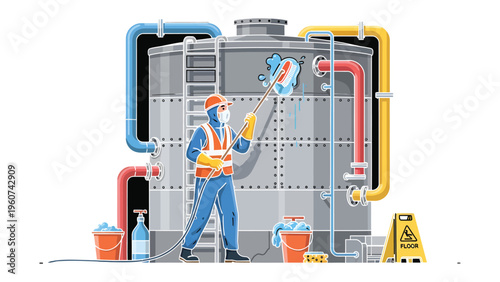 Industrial Sanitization: A worker in protective gear meticulously cleans an industrial tank, ensuring sanitation and safety within a manufacturing facility. 