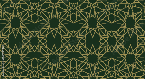 Intricate Geometric Patterns with Golden Lines on a Dark Green Background