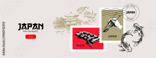 Japanese food hand drawn background with postage stamps. Asian cuisine collage for menu, poster, branding. Vintage sketch sushi vector illustration.