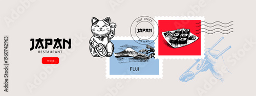 Japanese food hand drawn background with postage stamps. Asian cuisine collage for menu, poster, branding. Vintage sketch sushi vector illustration.