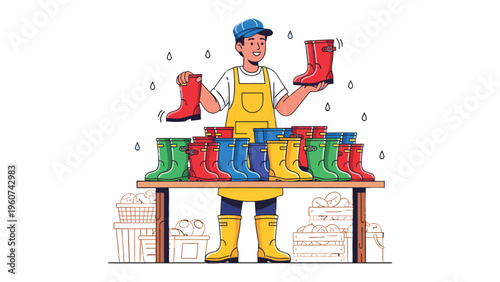 Footwear Display: An illustration of a friendly vendor presenting a vibrant array of wellingtons, offering a colorful selection for every season.