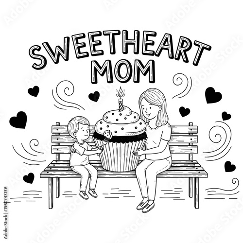 Sweetheart Mom Mother's Day Vector Illustration – Child Gifting Cupcake to Mother on Park Bench with Hearts