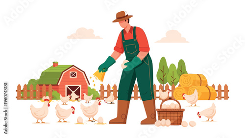 Farm Life: A farmer, clad in work attire, tends to the chickens on a vibrant farm, epitomizing the harmony between man and nature. The scene is brimming with fresh eggs and a classic barn background.
