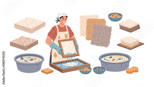 Crafting Artistry: A skilled craftsperson engages in the delicate art of papermaking, surrounded by an array of unique paper creations and the tools of the trade.