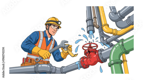 Plumber Fixing a Leaking Pipe: A skilled plumber addresses a pipe leak, demonstrating expertise and precision in the repair process with focused attention.
