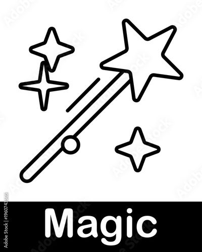 Magic wand with sparkles line icon representing magic, illusion, wizardry and fantasy concept in minimal outline style