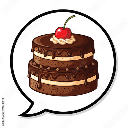 A delicious two-tiered chocolate cake with creamy filling, chocolate ganache, and a cherry on top, shown within a speech bubble