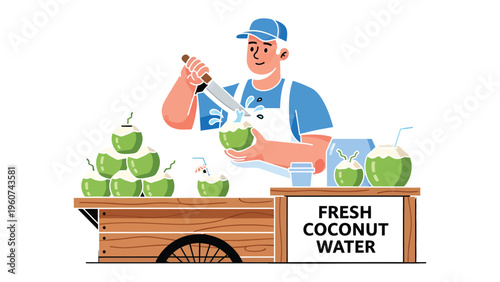 Coconut Water Vendor: A cheerful vendor expertly prepares fresh coconut water, offering a refreshing tropical treat.