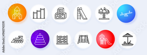 Playground toys set icon. Castle bars blocks slide car seesaw train stack abacus swing playground umbrella line icons minimal outline style children objects collection.