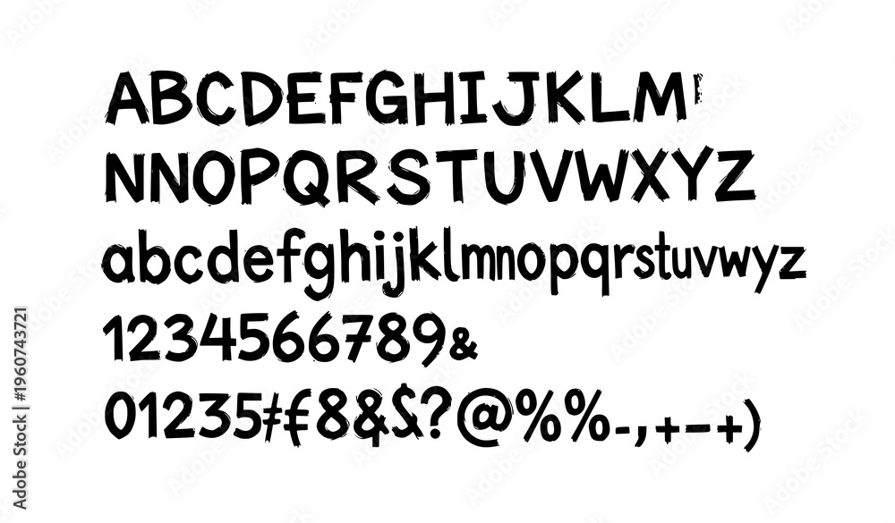 Obraz premium Hand drawn grunge alphabet vector with textured letters numbers symbols black pencil illustration