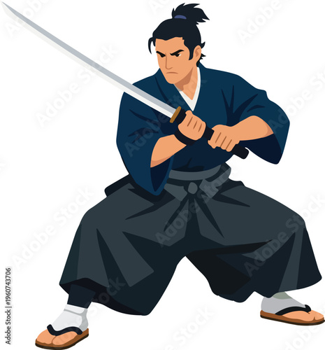 Samurai Warrior Standing With Katana Flat Illustration Vector