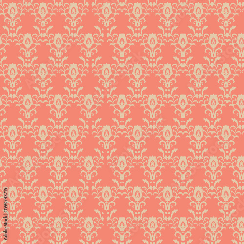 Coral Pink Damask Floral Silhouette Art