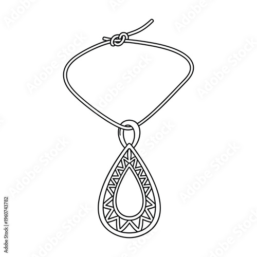 A black and white line drawing of a teardrop-shaped pendant with intricate tribal patterns hanging from a simple knotted cord