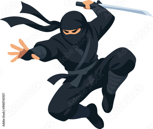 Ninja Jump Action Pose Flat Vector Illustration