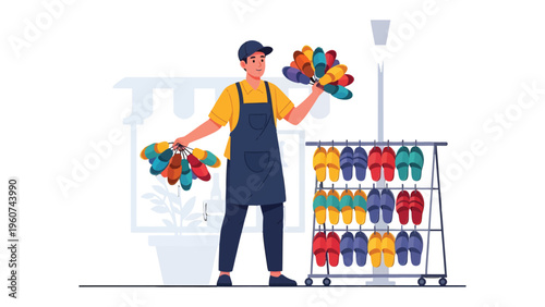 Shoe Seller in Vibrant Market: A shoe seller presents a colorful array of footwear in an outdoor market, showcasing the charm of retail commerce.