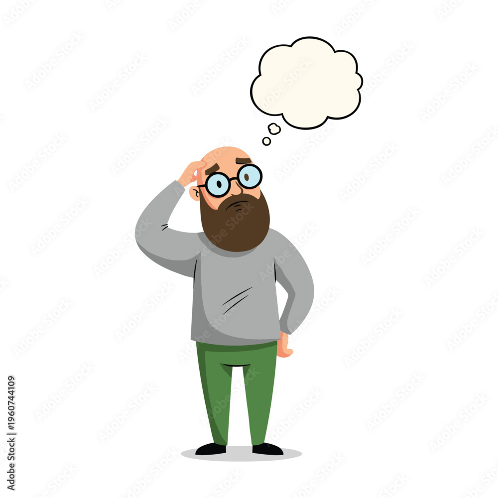 Fototapeta premium A cartoon illustration of a confused bald man with a beard and glasses, scratching his head with a thought bubble above him
