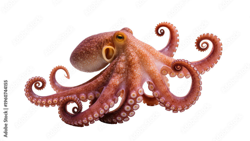Fototapeta premium Detailed brown octopus with textured skin and curled tentacles, gracefully posed isolated on transparent background for marine biology studies
