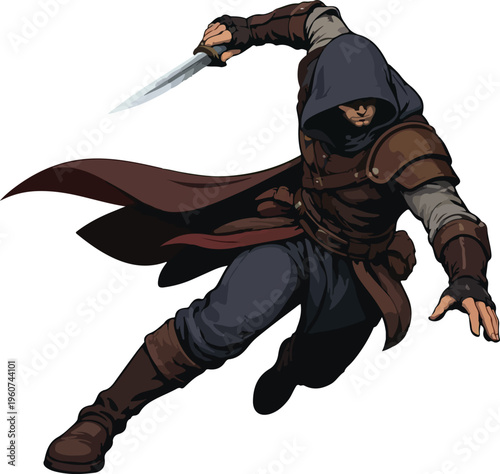 Assassin Attack Pose With Dagger Flat Illustration