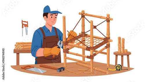 Artisan Crafting: An artisan meticulously works on assembling a bamboo chair in a workshop setting, showcasing the dedication to traditional craftsmanship and the creation of sustainable furniture.