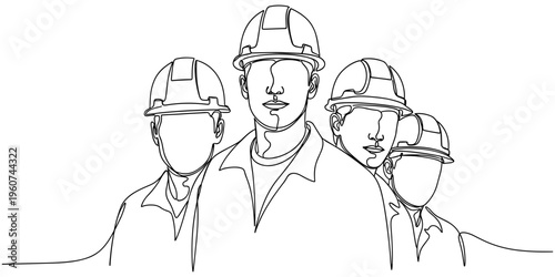 Minimalist continuous line drawing of construction workers wearing safety helmets symbolizing teamwork, leadership, collaboration, safety, and professionalism in industrial environments