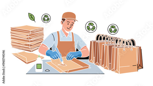 Crafting Sustainability: An artisan meticulously assembles eco-friendly paper bags, promoting environmental responsibility, surrounded by symbols of recycling and natural elements.