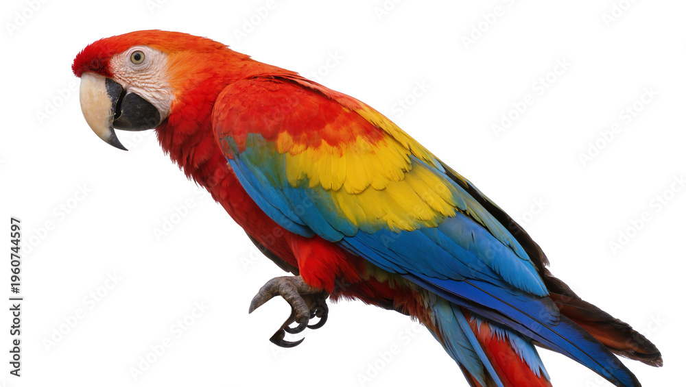 Fototapeta premium Vibrant scarlet macaw parrot perched with outstretched claw displaying brilliant plumage of red yellow blue and green, isolated on transparent background for design