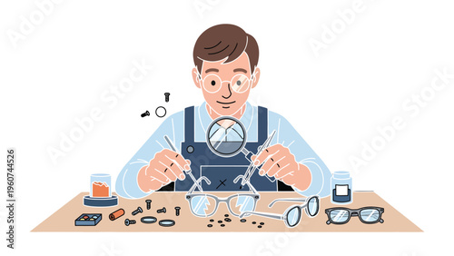 Precision and Expertise: A skilled optician meticulously examines and repairs eyeglasses using magnifying tools, demonstrating a focus on detail and professionalism. 