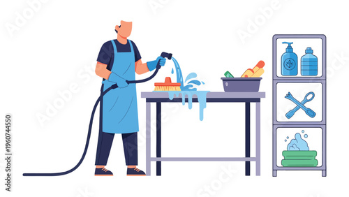 Man Cleaning with Water Hose: A professional individual meticulously cleans a table with a water hose, with various cleaning supplies placed in an organized setting.