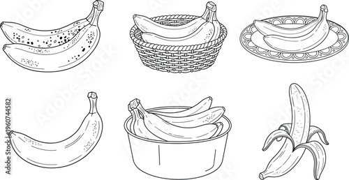 Banana serving and storage vector set. Hand drawn bananas in basket, bowl and plate with peeled fruit. Vintage line art illustration for kitchen and food design.