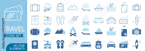 Travel transport trip tourism set outline icon on transparent background