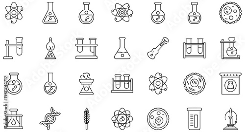 "Science and laboratory line icons set with chemistry tools, glassware, molecules, microscopes, experiments, research, education, and scientific discovery concepts"
