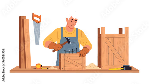 Craftsman at Work: A skilled carpenter meticulously crafts a wooden project, focused on precision and dedication, with tools of trade laid out before him