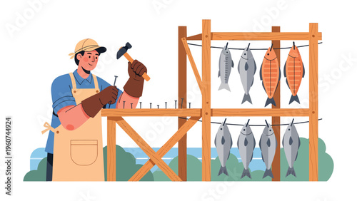 Fisherman crafting wooden rack with fish: A skilled fisherman meticulously crafts a wooden rack to air-dry freshly caught fish, highlighting the art of traditional food preservation. 