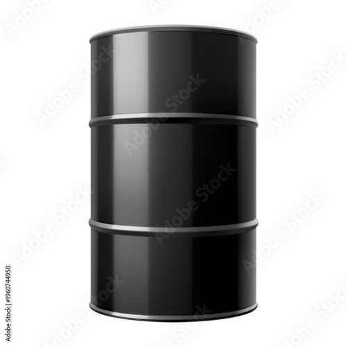 Black metal oil barrel isolated on white background. Realistic 3d vector Illustration. Crude Oil Barrel. Design Template of Packaging for Mockup.