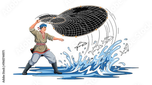 Fisherman Casting Net: A dynamic illustration captures a fisherman in action, expertly casting his net towards a school of fish leaping from the water.