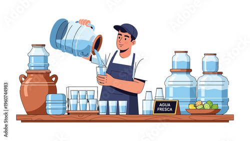 Artisan Water Pouring: An artist carefully pours refreshing water from a large container into a glass, creating a sense of simple purity.