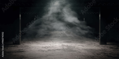 An abstract night sky cloudscape where a light in the storm pierces through dark blue mist and smoke like a moon over rain and motion