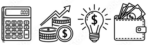 Black and white finance icons showing calculator, coins growth, money idea light bulb, and wallet savings concept for investment and budgeting