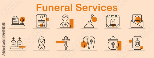 Funeral services set icon. Line symbols depict rip grave, certificate document, priest figure, shovel tool, cemetery building, condolence envelope, twin graves, mourning ribbon